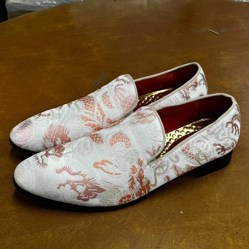 Santimon Men's US 7 - 12.5 Pink‎ Casual Embroidery Smoking Loafers Dress Shoes